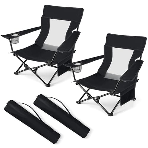 HaSteeL Folding Beach Chair Set of 2, Foldable Black Camping Chairs for Outside, Low Beach Chair Portable for Adults Fishing, Picnic, Outdoor BBQ, Travel, Sports, Cup Holder & Storage Bag