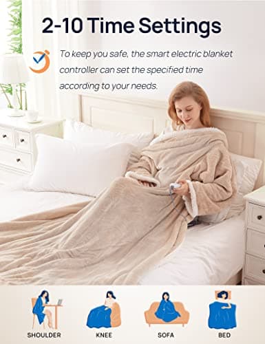 Westinghouse Electric Snuggle Throw Blankets with Foot Pocket, Wearable Heated Throw with Sleeves, 6 Heating Levels & 2 to 10 Hours Heating Time Settings, 50 * 70"+18", Beige 4