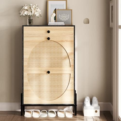 IRONCK Shoe Cabinet with 2 Flip Drawers, Shoe Storage Cabinet for Entryway, Free Standing Shoe Storage Organizer with Rattan Doors Slim Narrow Shoe Rack Cabinet, Black 7