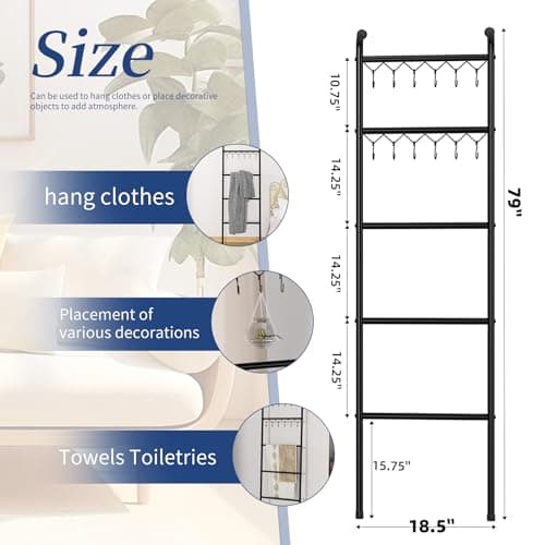 Simple Trending Blanket Ladder，5 Tier Metal Towel Rack with 12 Hooks, 79'' Metal Style Decorative Ladder for The Living Room Bedroom Bathroom Home Decor, Black 6