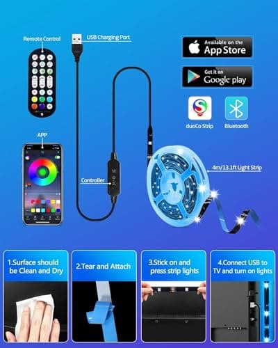 Daymeet TV Led Lights, Led Lights for Backlight for 32-60 inch, 9.8ft TV Light Strip,RGB Color Changing Light with Remote Music Sync Bluetooth APP Control USB Powered 7