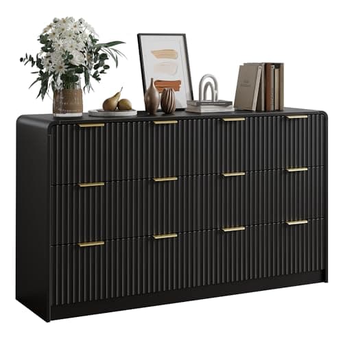 SINROM Black Dresser for Bedroom, 55" Fluted Dresser with Gold Handles, 6 Drawer Double Dressers, Modern Chest of Drawers for Bedroom, Closet 9