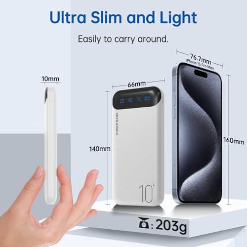 Power Bank 10000mAh Portable Charger Slim External Battery Pack with 2 USB 2.4A Outputs and USB C in/Out Compatible with Huawei iPhone 16 15 14 13 12 iPad Samsung Galaxy S20 Android Tablet (White) 5