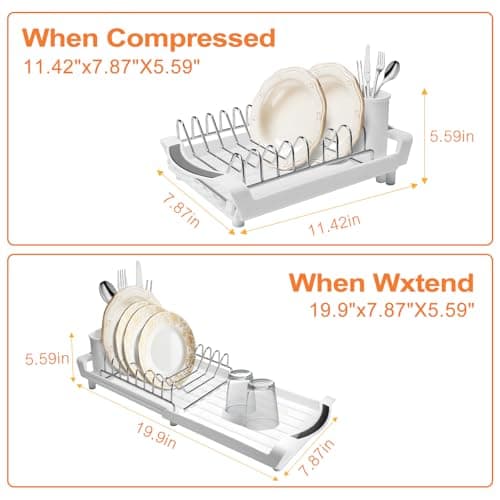 Dish Drying Rack Compact Expandable - A Space-Saving, Stainless Steel, Rust-Resistant Dish Drainer for Kitchen and Apartment Countertops/Sink Cabinets, Extendable from 11.42 to 19.9 inches (White) 6