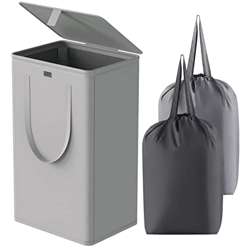 WOWLIVE 100L Laundry Hamper with Lid, Large Foldbale Laundry Basket with 2 Removable Bags and Handles, Tall Collapsible Dirty Clothes Hamper for Laundry Room, Bathroom, Dorm (Grey)