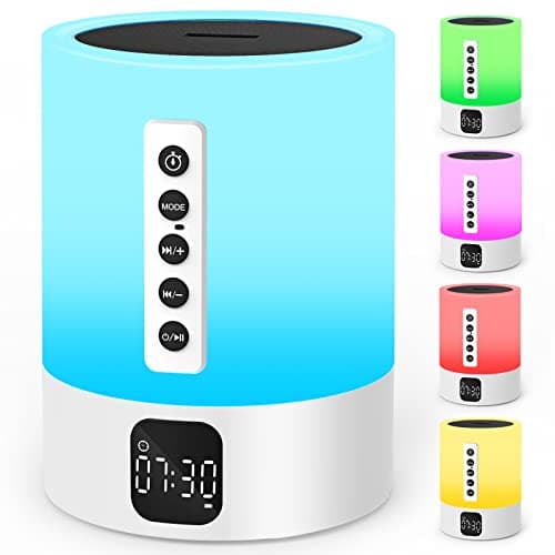 Night Light Bluetooth Speaker Alarm Clock, Sound Machine with White Noise, Touch Bedside Lamp, Dimmable Warm White Light, 48 RGB Color Changing, Ideal Gifts for 10-15 Year Old Teenage Boys Girls