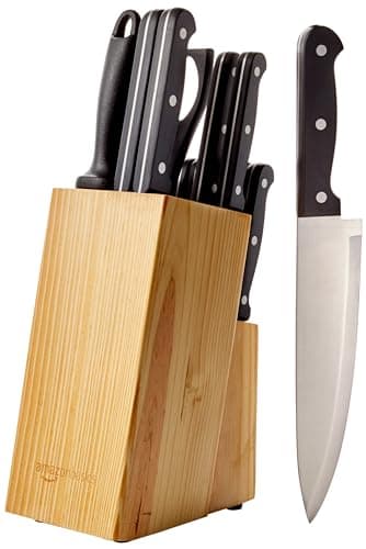 Amazon Basics 14-Piece High Carbon Stainless Steel Kitchen Knife Set with Full Tang Construction, Ergonomic Handles, Sharpener and Pinewood Block, Black