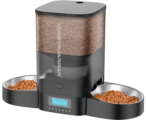 HoneyGuaridan 3.5L Automatic Cat Feeder for Two Cats, Food Dispenser with Stainless Steel Bowl,Timed Cat Feeder Programmable 1-6 Meals Control, Dual Power Supply,10s Meal Call Black