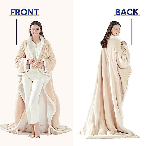 Sealy Electric Blanket Wearable with Foot Pocket, Electric Snuggle Blanket with Sleeves, Flannel & Sherpa Heating Throw with 6 Heat Settings & 2-10 Hours Auto Shut Off, 50 * 70"+18" Beige 6