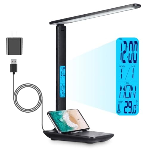 wanjiaone Multifunctional LED Desk Light - Office Clock Lamp with Phone Holder, 3 Light Modes, 5 Brightness Levels, Eye-Caring Battery-Powered Study Light (Black)
