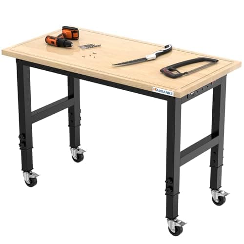 LARBANKE 48" Heavy-Duty Adjustable Workbench with Brake Wheels,Hardwood Worktable Weight Capacity Over 2000 Lbs,Rubber Wood Workbench has Adjustable 5 Different Heights,for Workshop,Garage,Office,Home 7