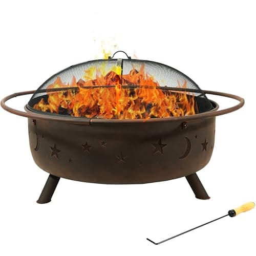 Sunnydaze Cosmic 42-Inch Large Outdoor Fire Pit - Wood-Burning Fire Pit with Round Spark Screen, Poker, and Built-in Grate