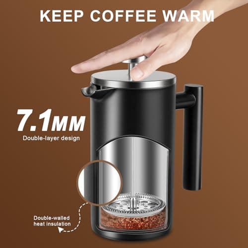SZHETEFU 34 OZ Large French Press, Premium Stainless Steel Sturdy Insulated French Press Coffee Maker, 4-8 Cups French Coffee Press, Tea Presses for Home Kitchen Caming Loose Tea, Elegant Black 7