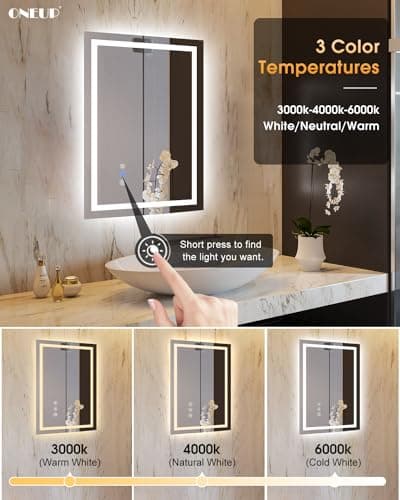 oneup 16x24''Small Bathroom Mirror with Lights,Front Lighted Bathroom Mirror for Wall,Stepless Dimmable,Anti-Fog,Modern LED Vanity Mirror,Memory,Touch Botton 5