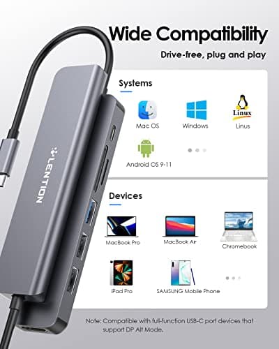 LENTION USB C Hub with 100W Charging, 4K HDMI, Dual Card Reader, USB 3.0 & 2.0 Compatible MacBook Pro, New Mac Air/Surface, Chromebook, More, Stable Driver Adapter (CB-CE18, Space Gray) 7