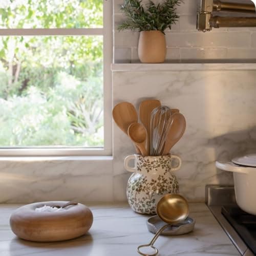 JIEMEI HOME Kitchen Utensil Holder with Handle, 6.85" Stable Pastoral Floral Ceramic Utensil Crock for Countertop, Utensil Organizer with Cork Bottom, Spatula Holder For Kitchen Decor, Green and Beige 8