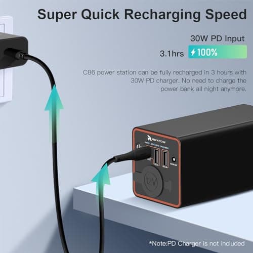 RoyPow 30W PD Portable Charger with 12V/10A Cigarette Lighter Socket, 86.58Wh USB C Laptop Power Bank, 18W QC& 12V DC External Battery Pack, Perfect for MacBook Air iPad Phone Dash Cam or Camping 8