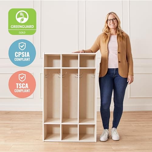 ECR4Kids Streamline 3-Section Coat Locker with Cubby Storage, Classroom Furniture, White Wash 5