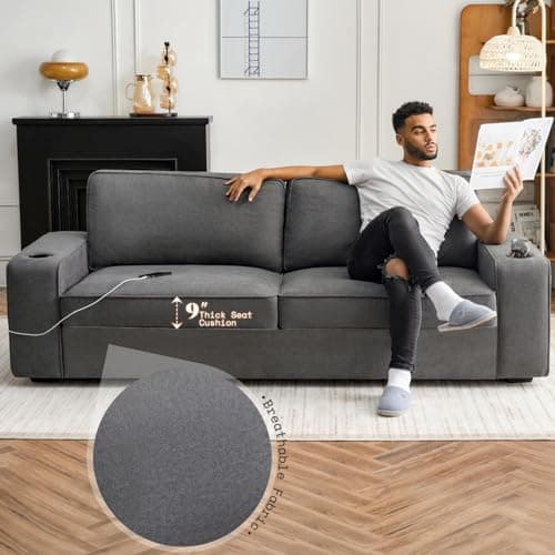 AMERLIFE 89 inch Couch, 3-Seater Sofa Couch- Deep Seat Sofa with 2 USB Charging Ports & 2 Cup Holders, Modern Sofas for Living Room, Charcoal Grey Chenille 5