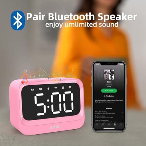 AFK Alarm Clock with Bluetooth Speaker for Bedroom,Loud Digital Clock for Heavy Sleepers Adults, Desk Clocks with Dual Alarms,Large Number,Dimmable,Snooze for Teens Boys Girls,Pink 6