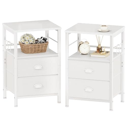 Furologee Nightstands Set of 2, End Table with 2 Fabric Drawers, Night Stand with 2 Hooks, Open Wood Shelf Bedside Table for Bedroom/Living Room/White