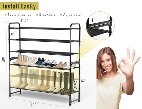 MISSLO 3-Tier Long Shoe Rack for Closet Shoe Organizer for Closet Floor Entryway Storage Stackable Wide Shoe Shelf Stores 24 Pairs of Men Sneakers, Black 5