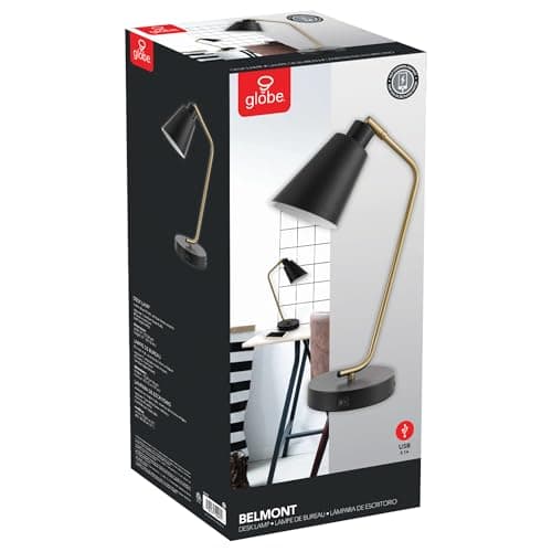 Globe Electric 52095 Belmont 17" Desk Lamp, Matte Black, Antique Brass Accents, Fast Charging USB Port, Rocker On/Off Switch 7