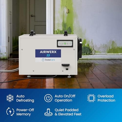 BaseAire Crawlspace Dehumidifier,113 Pints Commercial Dehumidifiers with Drain Hose for Whole House Basement, Industry, Compact, Auto Defrost, Memory Starting, Up to 1200 Sq Ft 6