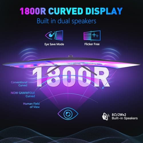 ReHisk 24 Inch Curved Gaming Monitor – 100Hz, 3ms Response Time, FHD, FreeSync, Eye-Care, Slim Design, HDMI/DP, Built-in Speakers VESA Mount 3