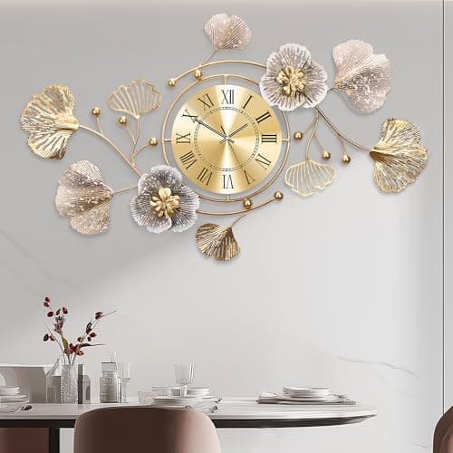 JXQXYN Clocks for Living Room, Large Wall Clock, 3D Silent Wall Clock, Retro Metal Ginkgo Leaf Design, for Bedroom Kitchen Decorative Wall Clocks（32''x18'' ）