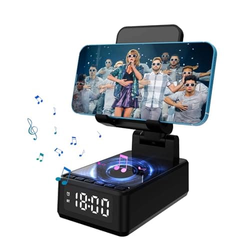 SHGUMITE Cell Phone Stand with Wireless Bluetooth Speaker 15W Wireless Charging, HD Surround Sound and Alarm Clock Bluetooth Speaker Holder for Phone, Tablet, Gifts for Men Women Dad (Black) 8