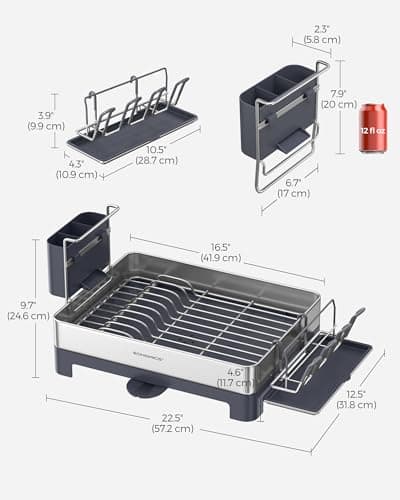 SONGMICS Large Dish Drying Rack, Premium Stainless Steel Dish Rack with Rotatable Spout, Fingerprint-Resistant Dish Drainers for Kitchen Counter, 12.5 x 22.5 in, Silver and Gray UKCS030E01 8