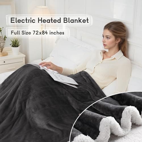 Heated Blanket Electric Blanket Full Size 72''x84'' with 9 Heating Levels, 1-10 Hour Auto Shut Off, Machine Washable, Flannel & Sherpa Soft Warming Blanket for Couch, Bed, Office - Dark Grey 5