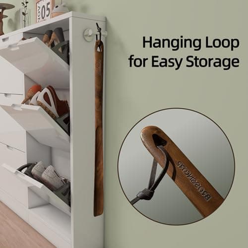 Brosisincorp Wooden Shoe Horn Long Handle For Seniors 23.6" Easy Wear Helper Shoehorns Women Kids Baby Elderly Hanging Rings Black Walnut Wood 6