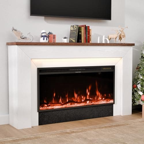 Weyderk 62" Electric Fireplace with Mantel, Fireplace TV Stand with 42" Insert for Livingroom/Bedroom, 12 Realistic 3D Flame Effects & 15 LED Colors, Remote Control, 750/1500W Heats, Timer, White