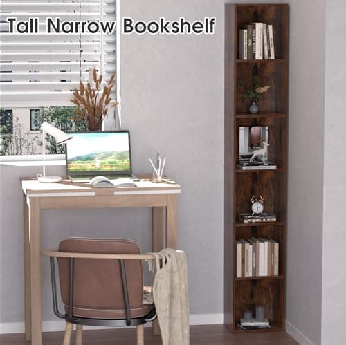 QieerHior Tall Narrow Bookshelf 6-Tier Bookcase,70.5" Skinny Thin Corner Shelf Slim Storage Cabinet,Wood DVD CD Media Cube Organizer Tower Rack for Small Spaces, Bedroom, Living Room, Office,Brown 6