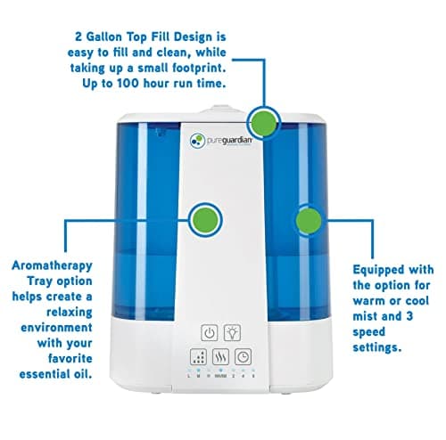 PureGuardian Top Fill Warm and Cool Mist Ultrasonic Humidifier, 560 Sq. Ft., 2 Gallon Tank, 100 Hour Runtime on Low, Filter-Free with Essential Oil Tray, 3 Speeds, Silver Clean Treatment, H5225WCA 5