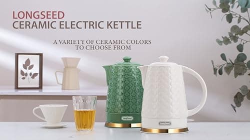 LONGSEED Ceramic Electric Kettle, 1.5L/1200W Boil Water Quickly and Easily with Boil-Dry Protection Auto Shut Off, Detachable Swivel Base, Green Relief Carving 8
