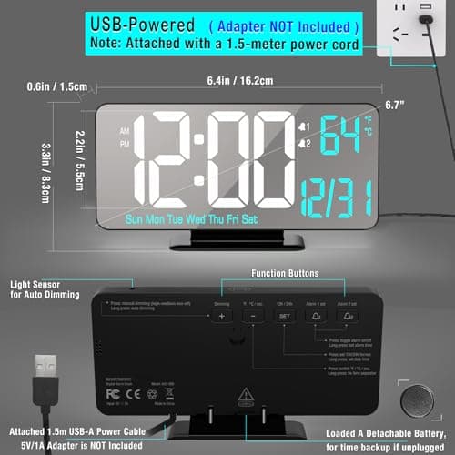 KOSUMOSU Digital Alarm Clock 6.7in Black Clock for Bedroom, Dual Alarm, Date, Seconds,Day of Week,12/24h,Dimming, Temp, Desk Clock, LED Clock for Living Room, Calendar Digital Clock 6