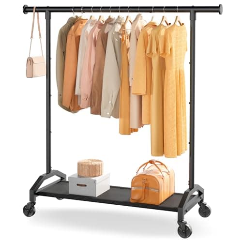 Wiracks Clothes Rack Clothing Racks for Hanging Clothes Heavy Duty Clothes Rack Hanger Rack 200lbs Capacity Industrial Wheels 1" Pipe,Rolling Garment Rack Portable Clothes Rack Black