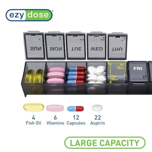 EZY DOSE Weekly (7-Day) Daily Pill Case, Medicine Planner, Vitamin Organizer, Supplement Container, Convenient and Easy to Use, Large Compartments, Travel Friendly, Black, Made in the USA, BPA Free 4