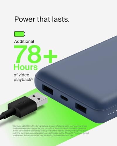 Belkin Portable Charger, USB C Power Bank 20000 mAh w/ 2 USB-A Ports, 15W w/ Type-A to Type-C Cable - iPhone 17, Air, Pro, Pro Max, AirPods, Samsung Galaxy S25, S24, Google Pixel 10, iPad, etc. - Blue 6