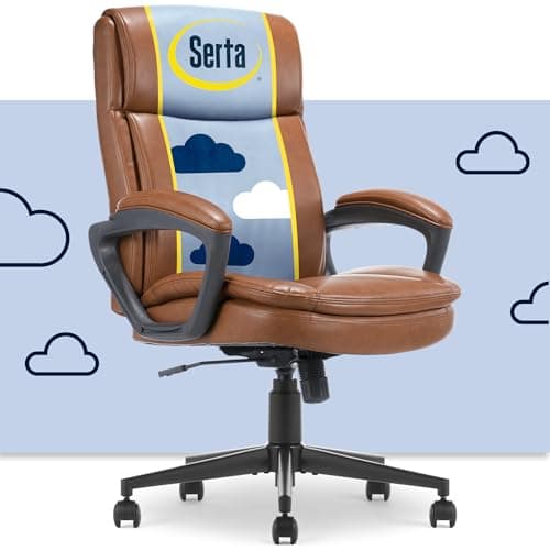Serta Comfort Ergo Executive Office Chair, Ergonomic Mid-Back Design with Lumbar Support, Semi-Plush Double-Layer Seat Cushion, Padded Armrests, Swivel Metal Base, Bonded Leather, Cognac
