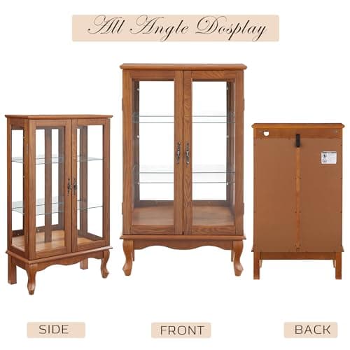 44" Small Lighted Glass Accent Curio Cabinet, Vintage China Cage with 2 Tempered Glass Doors & Adjustable Shelves, Acrylic Mirrored Pane, Elegant Wine Artwork Showcase Rack for Living Room (Dark Oak) 9