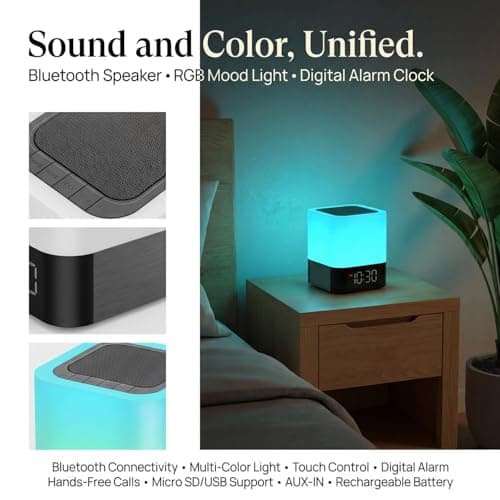 Gallstep Night Lights Bluetooth Speaker, Alarm Clock Bluetooth Speakers Touch Sensor Bedside Lamp Dimmable Multi-Color Changing Bedside Lamp, MP3 Player, Wireless with Lights 8