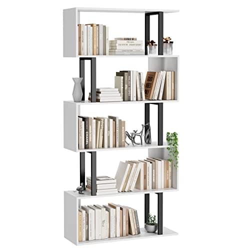 Gadroad 5 Tier Geometric Bookcase,S Shaped Bookshelf, Wood Decorative Storage Shelving, Modern Freestanding Display Shelves, Tall Book Shelf Unit for Living Room Bedroom, White