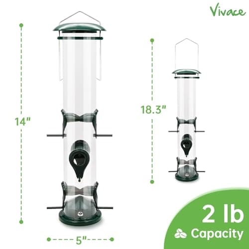 Vivace Bird Feeder, 2 Pack Classic Tube Bird Feeders for Outdoors Hanging Bird Feeder with 6 Feeding Ports, 2LB Seed Capacity Wild Bird Feeders, 14Inches，Basic 5