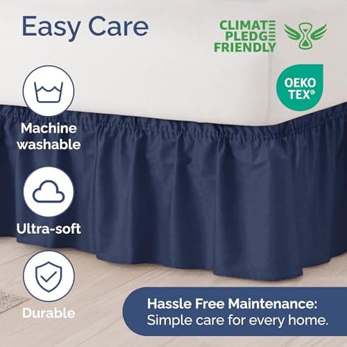 Wrap Around Dust Ruffle Bed Skirt - Navy Blue - for King Size Beds with 12 Inch Drop - Elastic Strap - Adjustable Pleated Bedskirt with Brushed Fabric and Wrinkle Free - for Women, Men, Kids & Teens 6