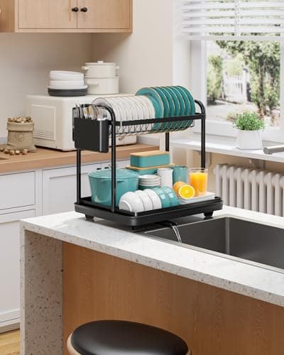 Sakugi 2-Tier Dish Drying Rack - Stainless Steel Dish Rack with Cutlery & Utensil Holders for Kitchen Counter, Sink Organization and Storage for Small Family, 15" W x 11.4" L x 15" H, Black 6
