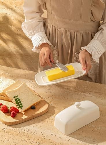 Sweese Butter Dish with Lid, Porcelain Butter Keeper, 7.8 Inch Butter Holder with Handle Cover, Butter Container Perfect for East West Coast Butter, White 6